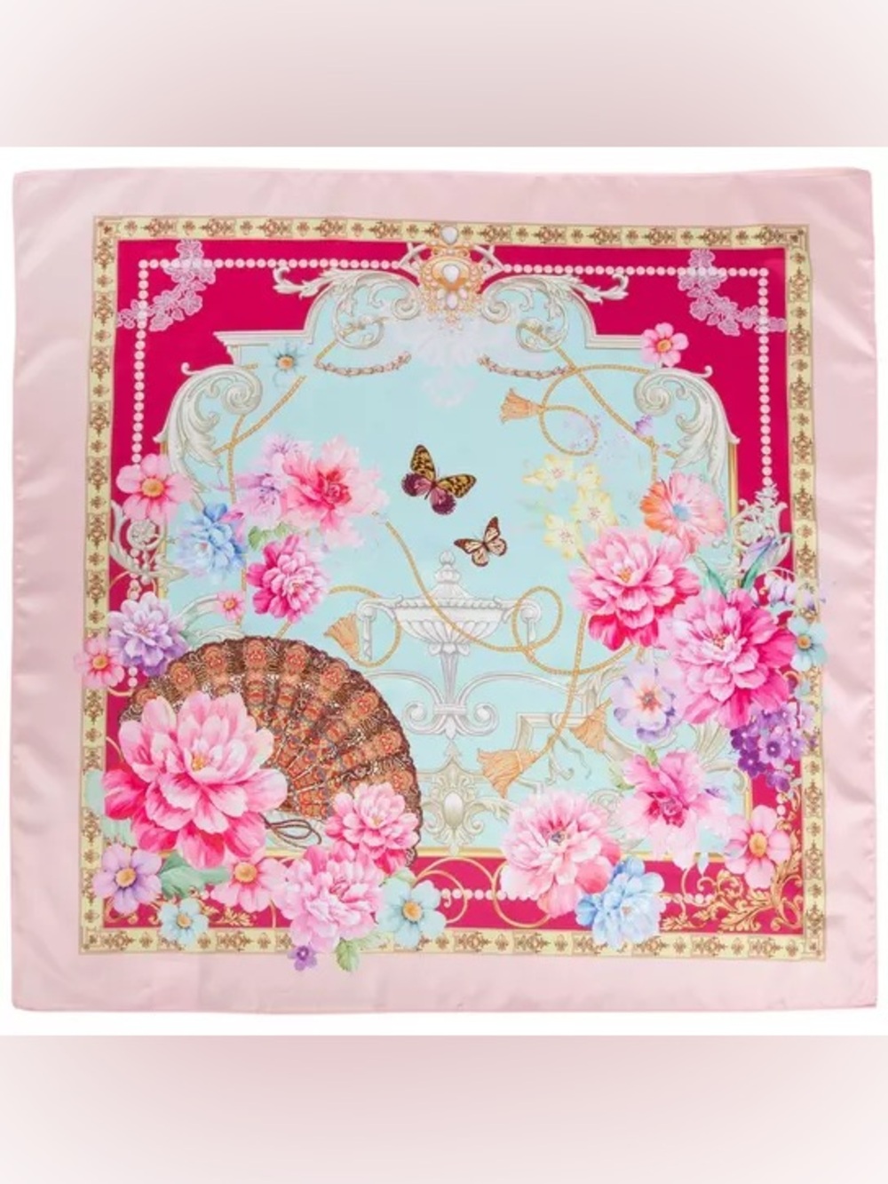 New 23.5” Floral Silk Scarf in Pink and Light Blue Square